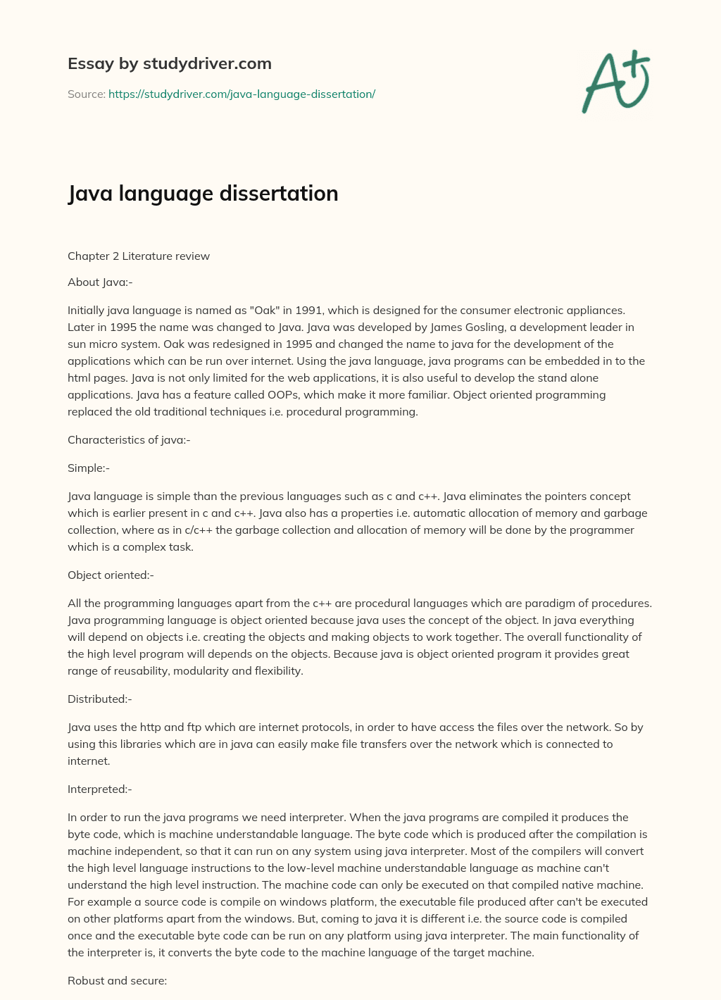 Java Language Dissertation essay