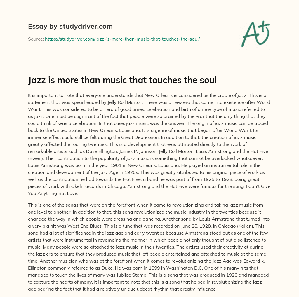 Jazz is more than Music that Touches the Soul essay