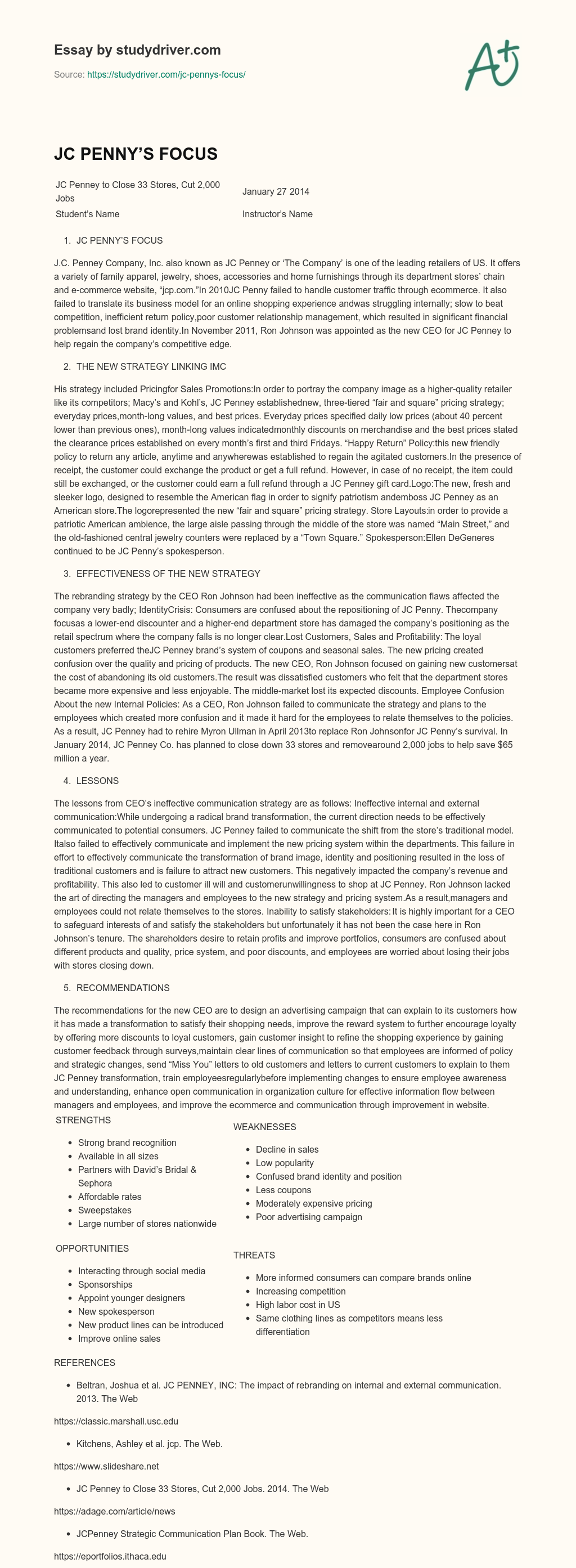 JC PENNY’S FOCUS essay