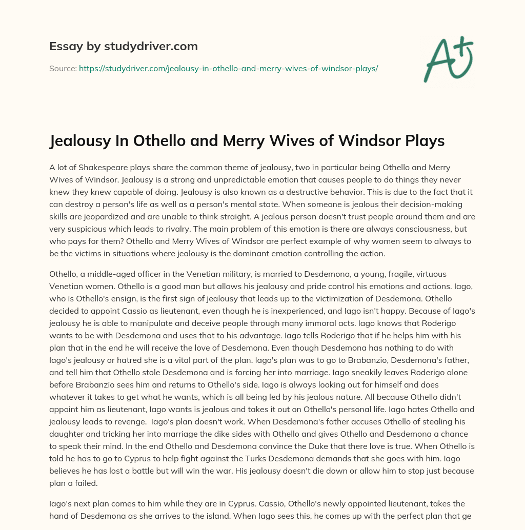 Jealousy in Othello and Merry Wives of Windsor Plays essay
