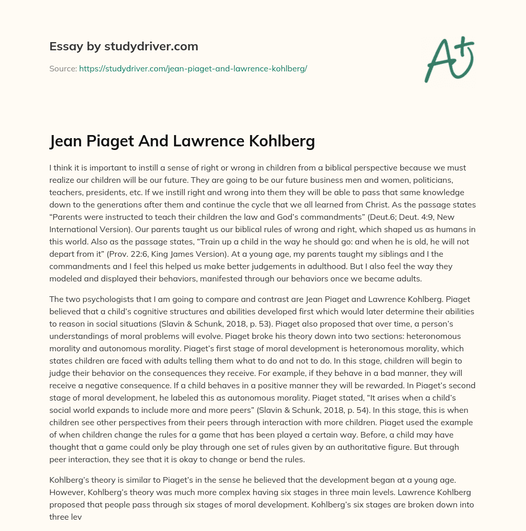 Jean Piaget and Lawrence Kohlberg essay
