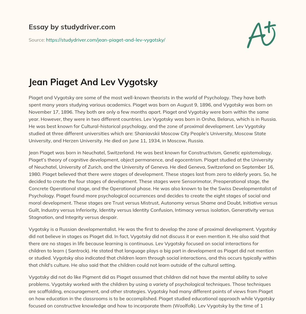 Jean Piaget and Lev Vygotsky essay