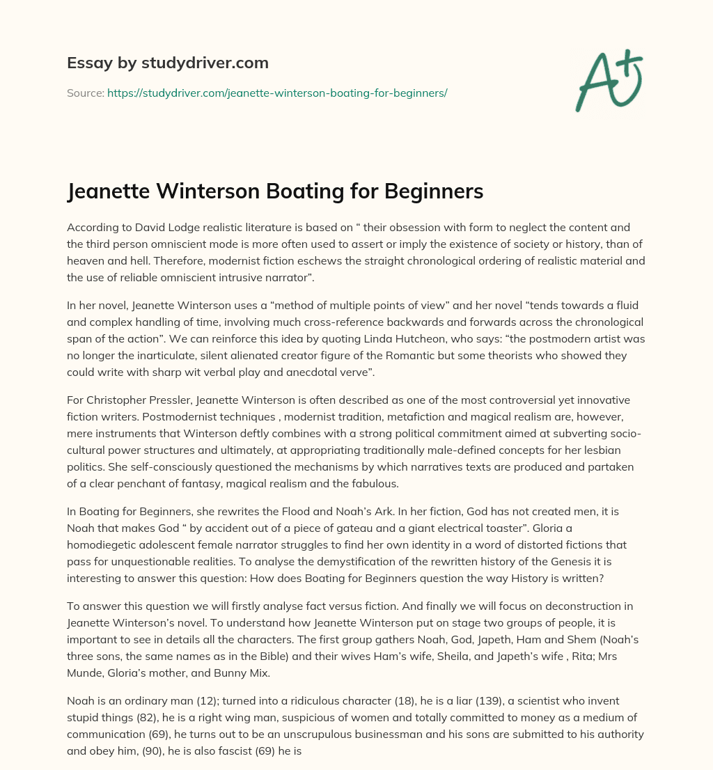 Jeanette Winterson Boating for Beginners essay