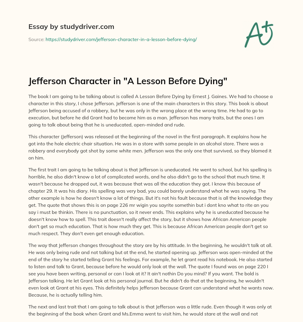 Jefferson Character in “A Lesson before Dying” essay