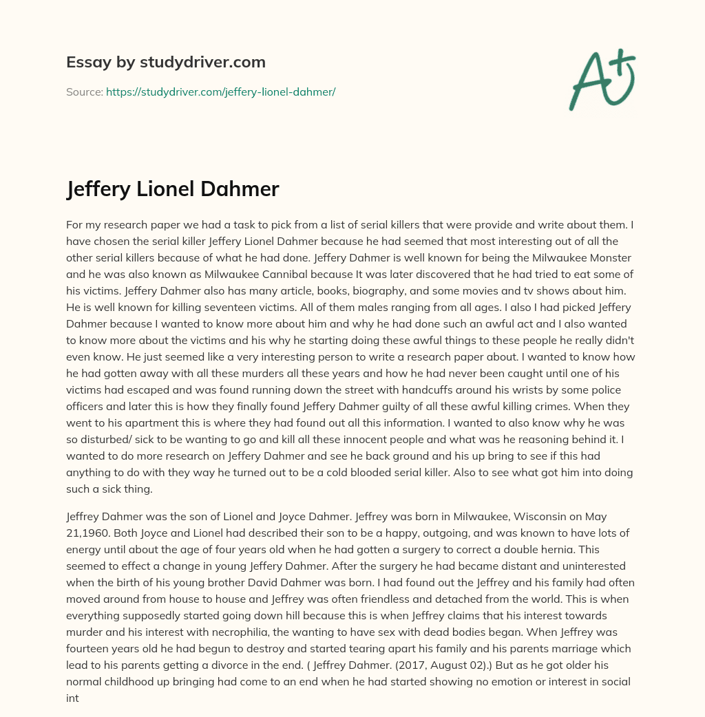 Jeffery Lionel Dahmer essay