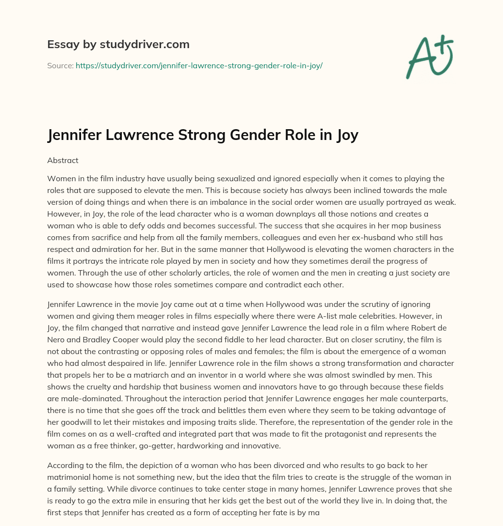 Jennifer Lawrence Strong Gender Role in Joy essay