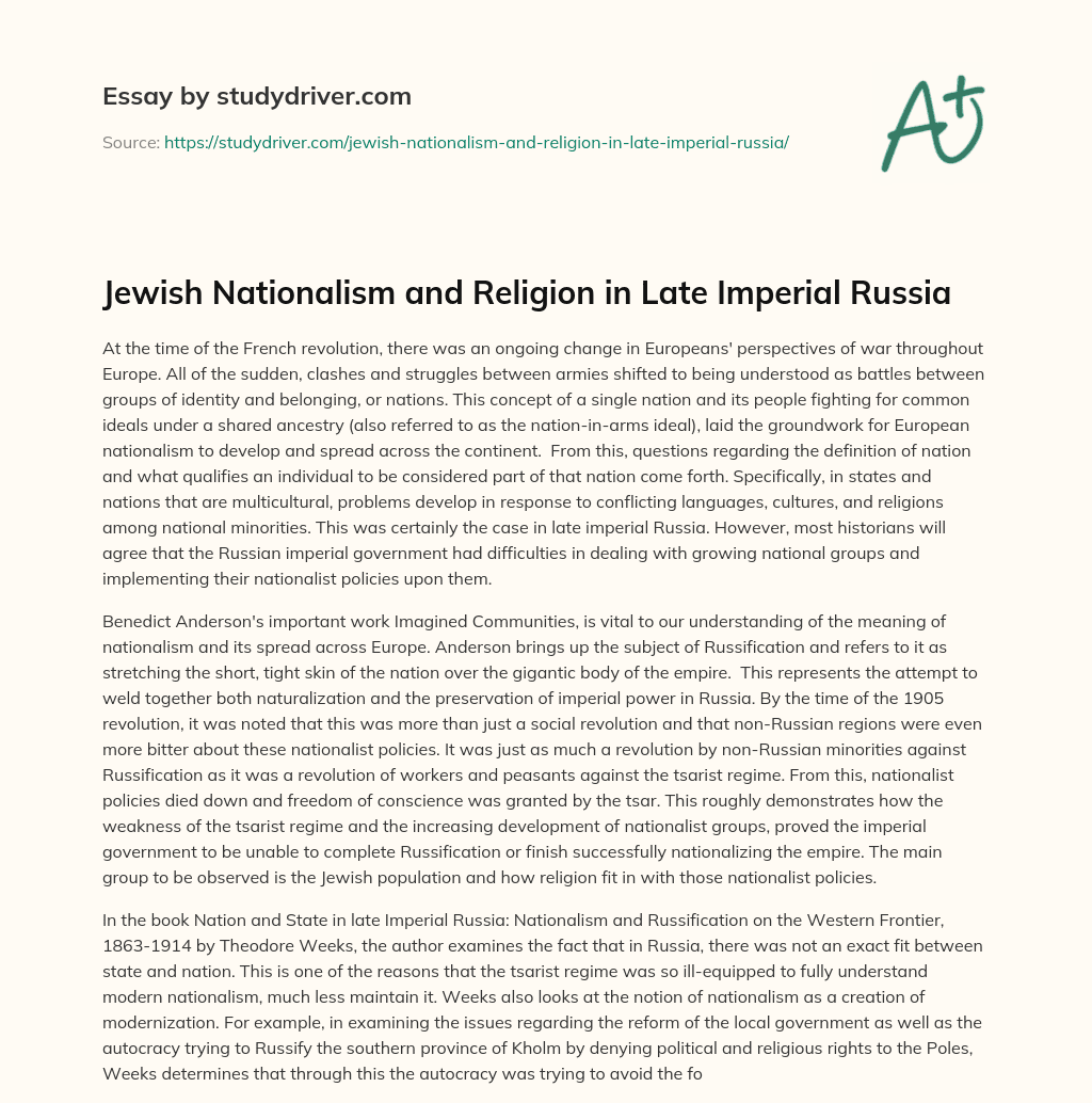 Jewish Nationalism and Religion in Late Imperial Russia essay