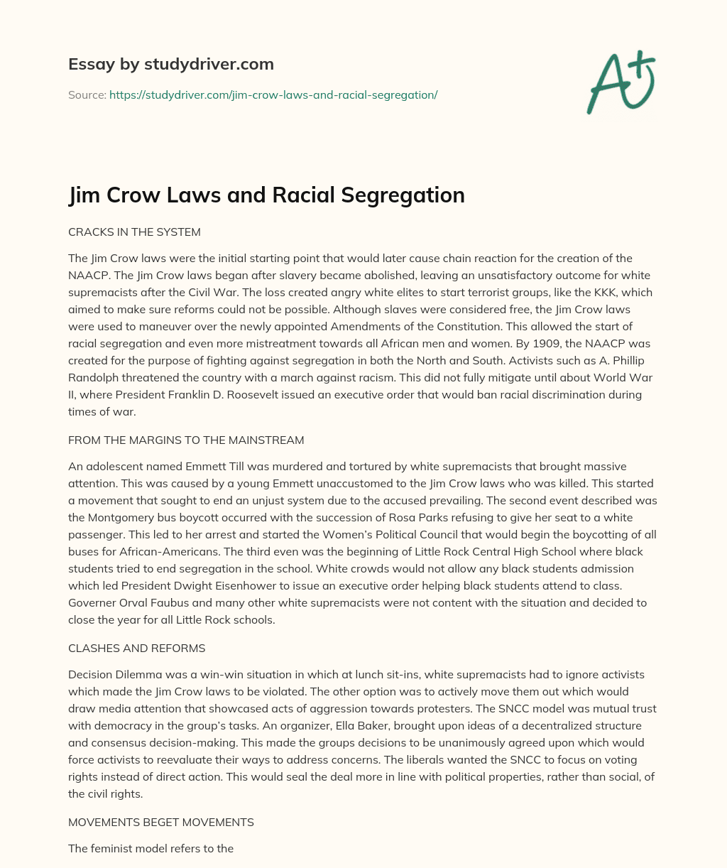 Jim Crow Laws and Racial Segregation essay