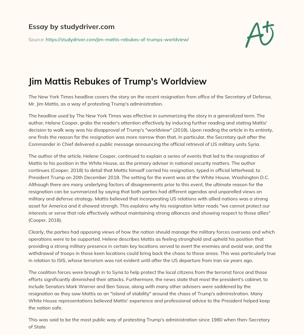 Jim Mattis Rebukes of Trump’s Worldview essay