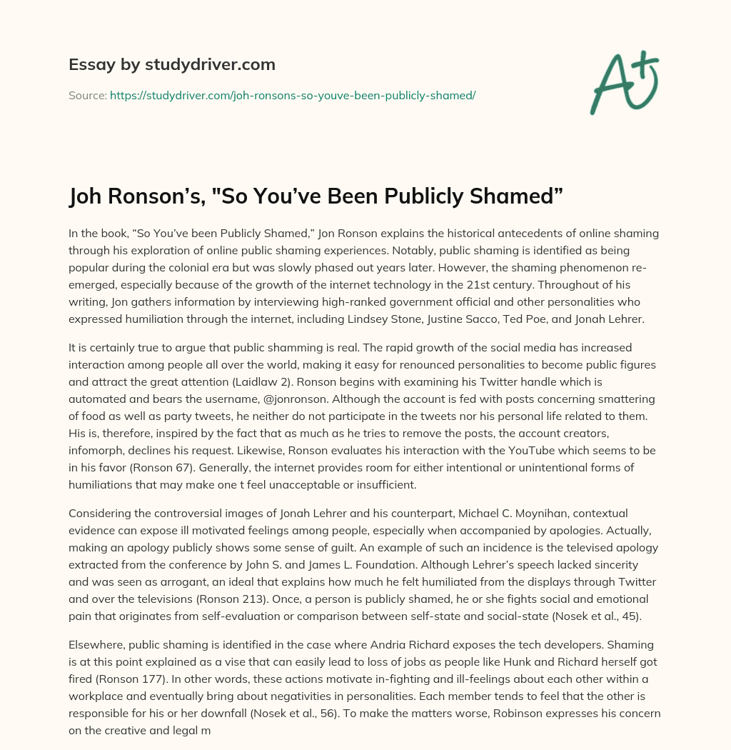 Joh Ronson’s, “So You’ve been Publicly Shamed” essay