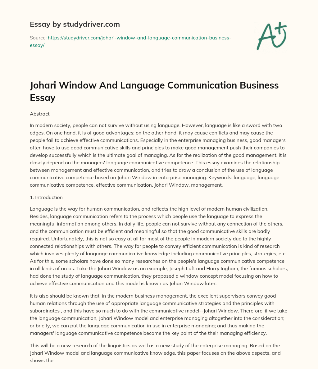Johari Window and Language Communication Business Essay essay