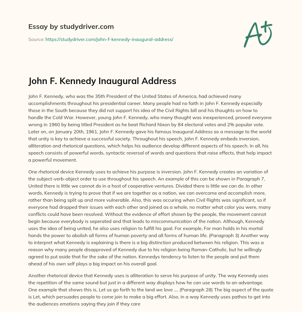 John F. Kennedy Inaugural Address essay