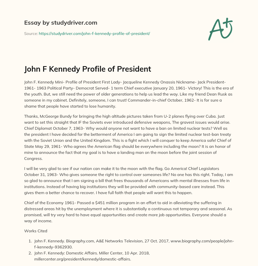 John F Kennedy Profile of President essay