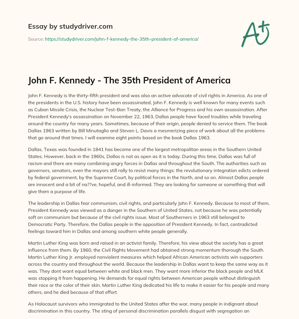 John F. Kennedy – the 35th President of America essay