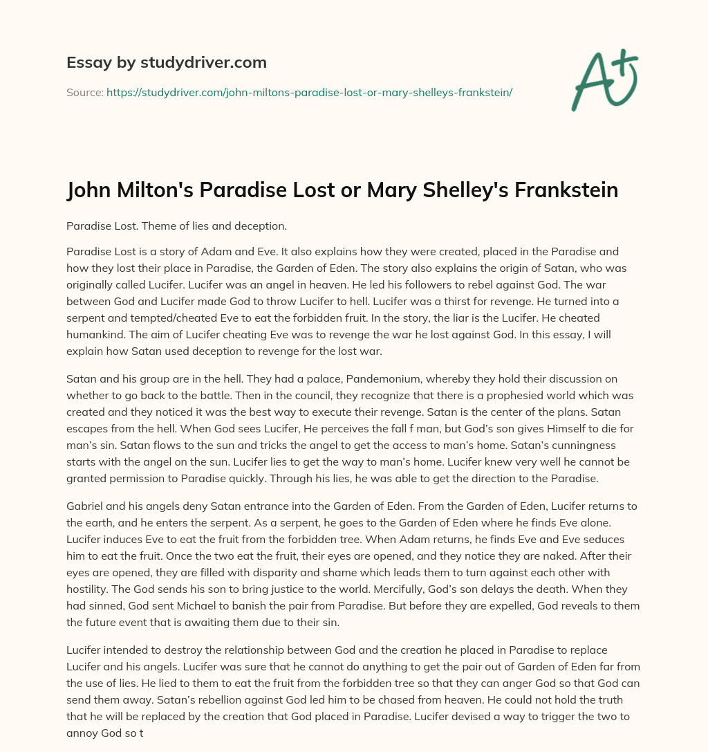 John Milton’s Paradise Lost or Mary Shelley’s Frankstein essay