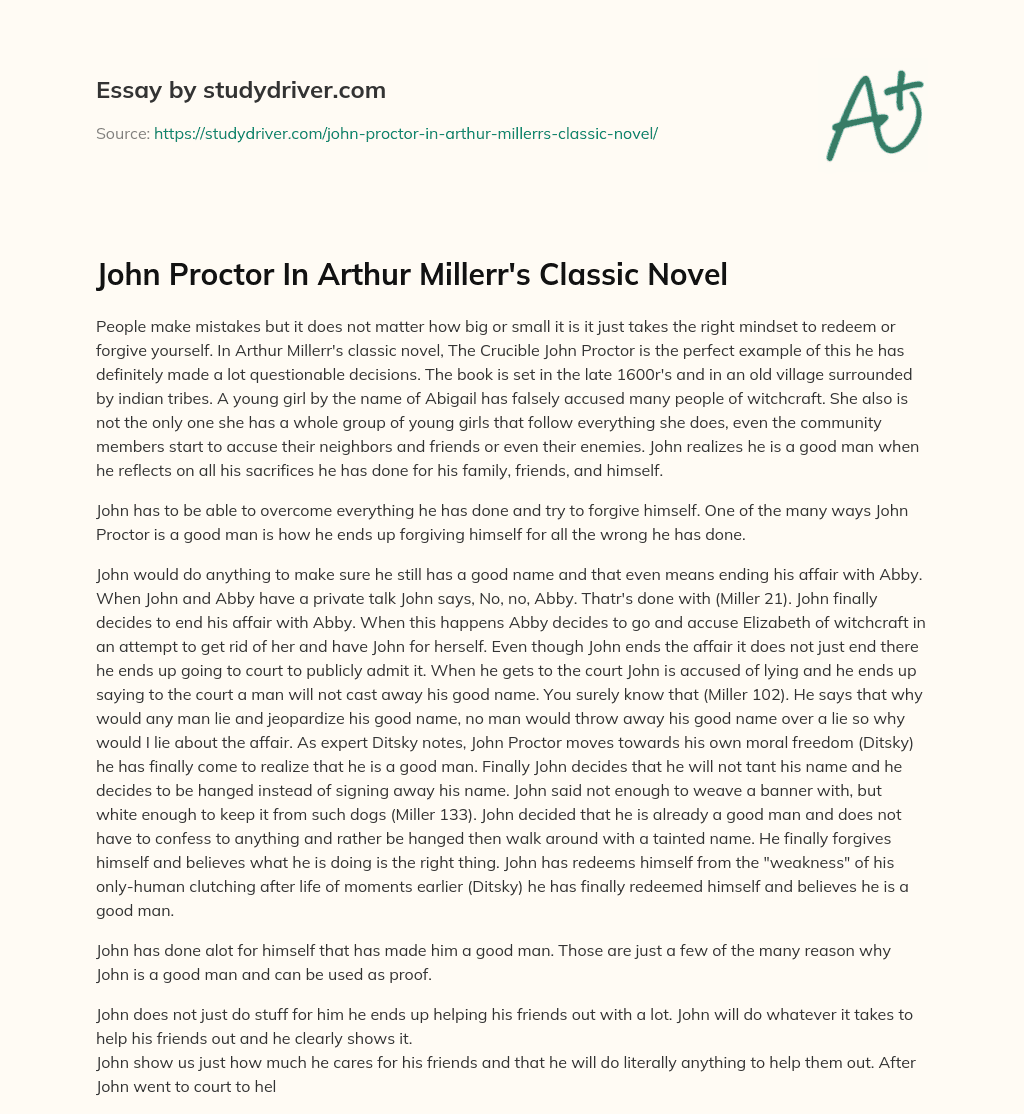 John Proctor in Arthur Millerr’s Classic Novel essay