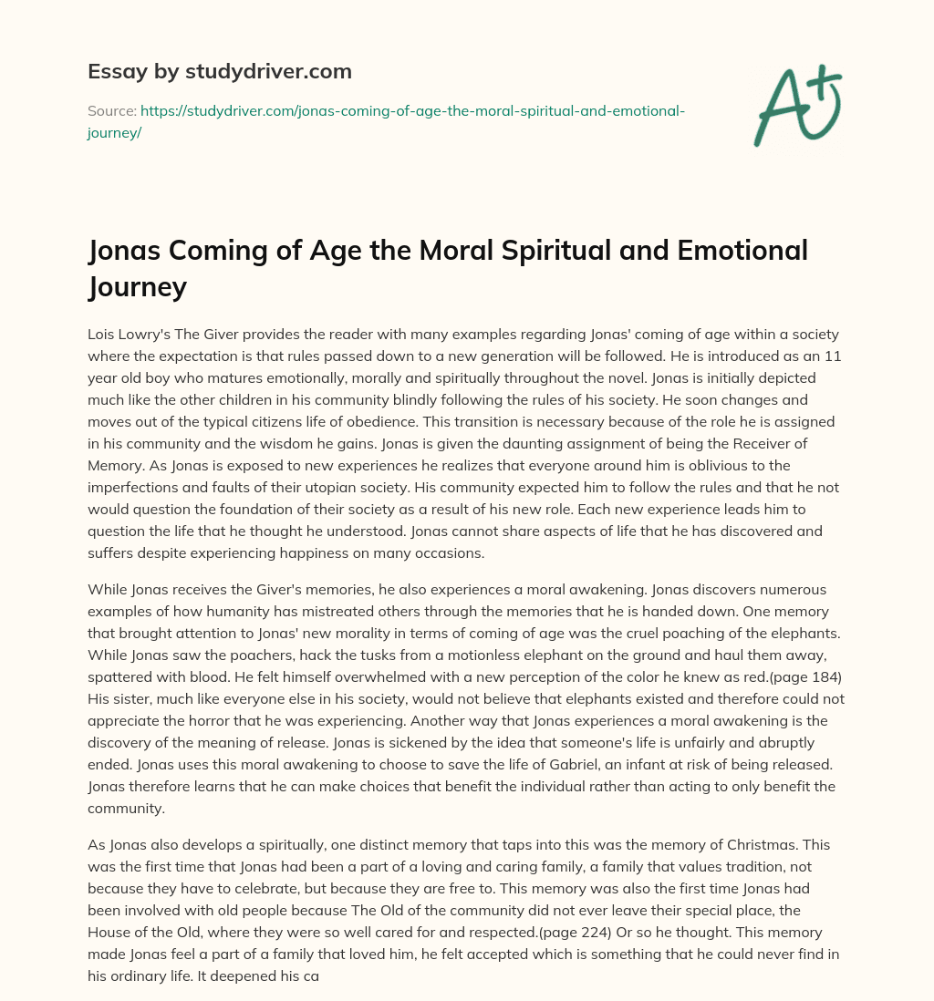 Jonas Coming of Age the Moral Spiritual and Emotional Journey essay