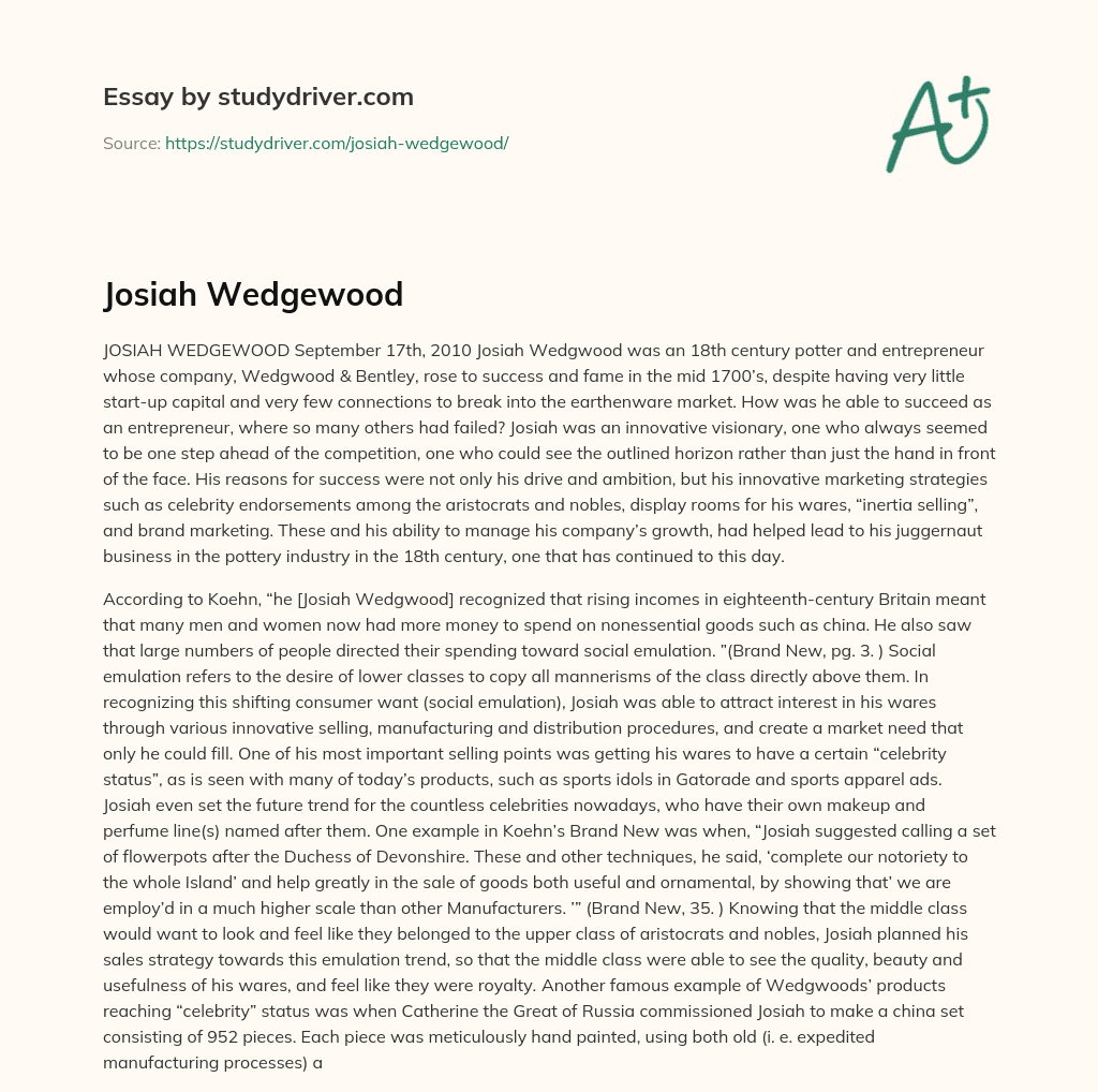 Josiah Wedgewood essay