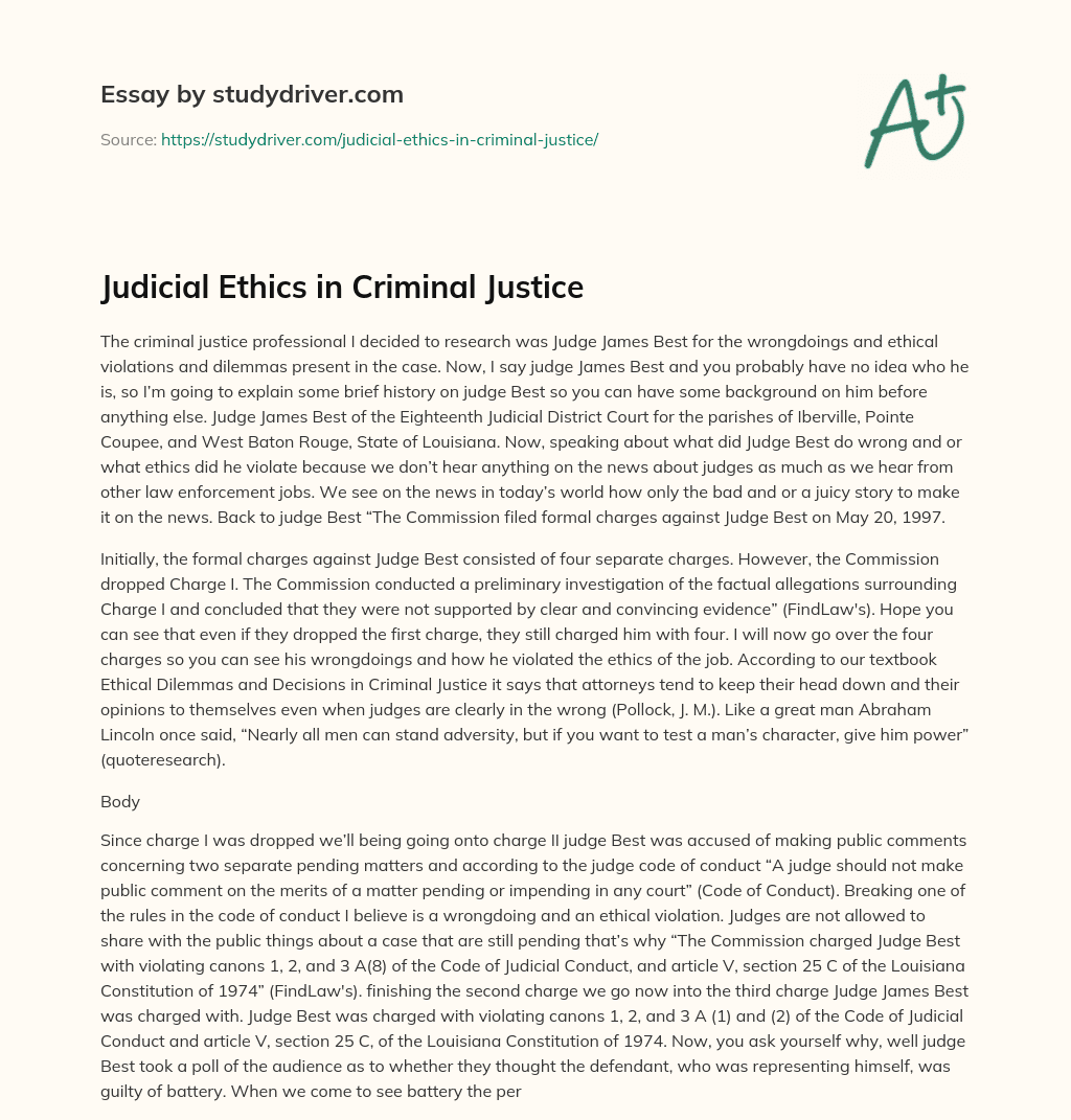 Judicial Ethics in Criminal Justice essay