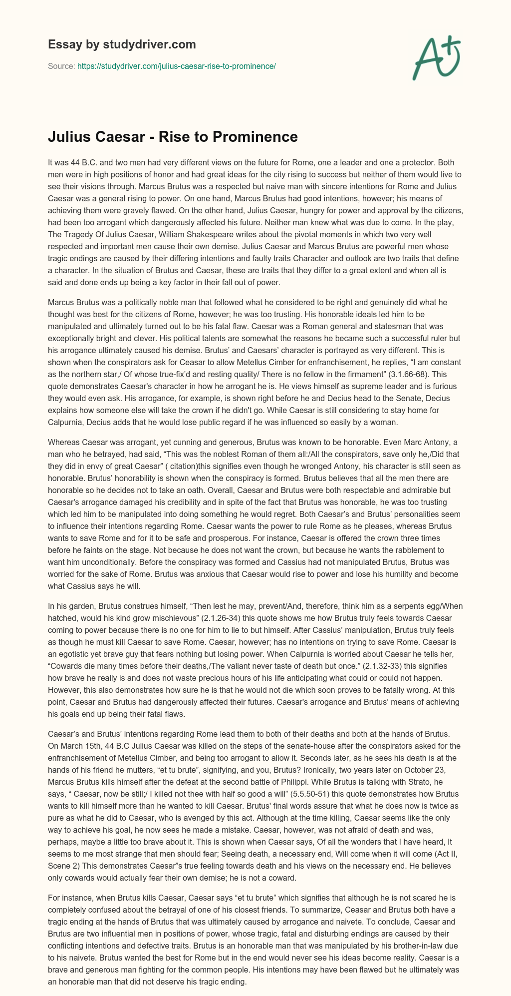 Julius Caesar – Rise to Prominence essay