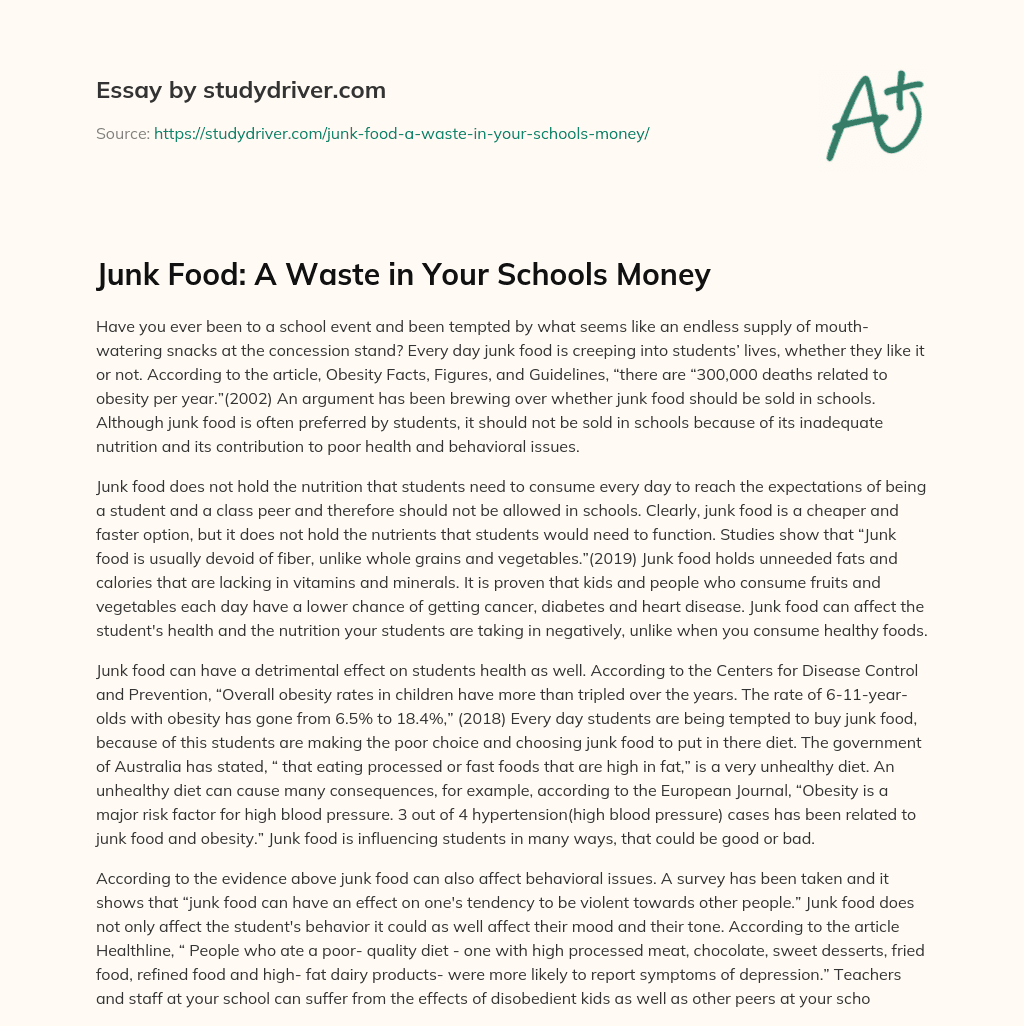 Junk Food: a Waste in your Schools Money essay