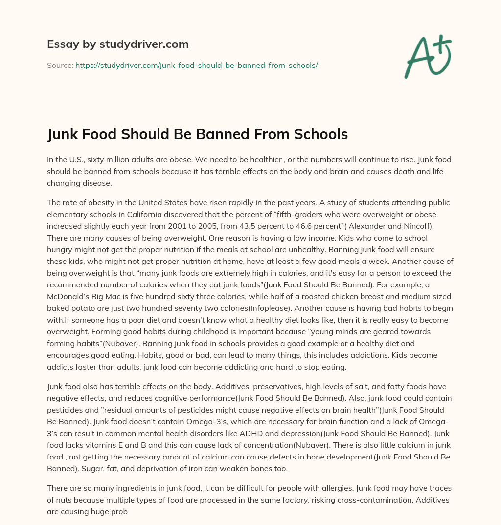 Junk Food Should Be Banned From Schools Free Essay Example 