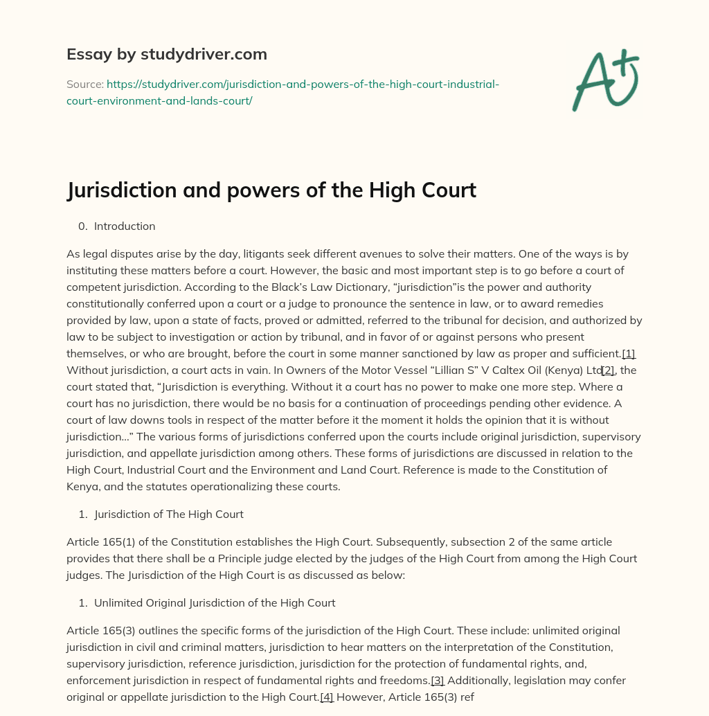 Jurisdiction and Powers of the High Court essay