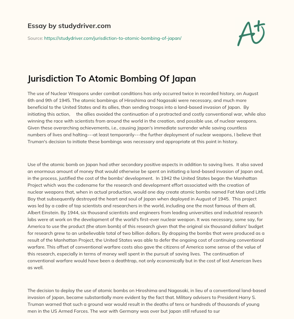 Jurisdiction to Atomic Bombing of Japan essay