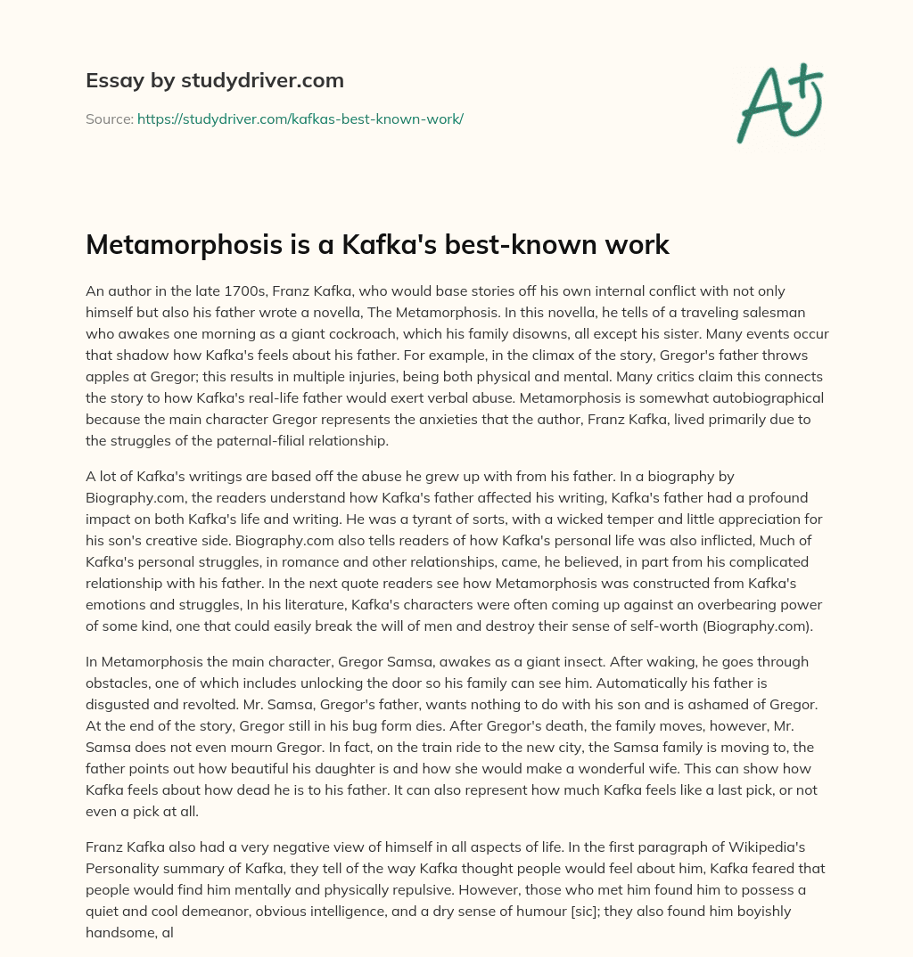 Metamorphosis is a Kafka’s Best-known Work essay