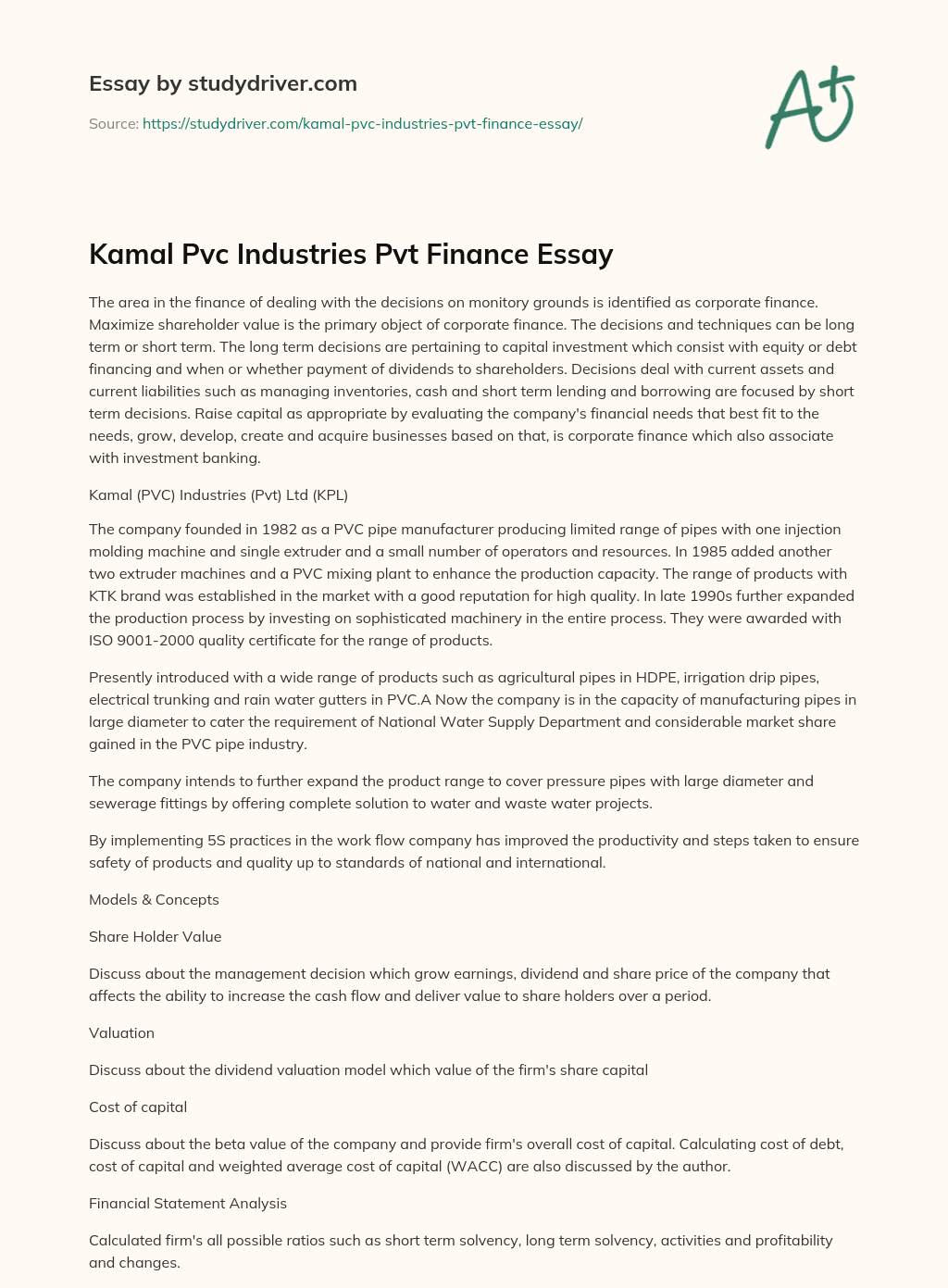 Kamal Pvc Industries Pvt Finance Essay essay