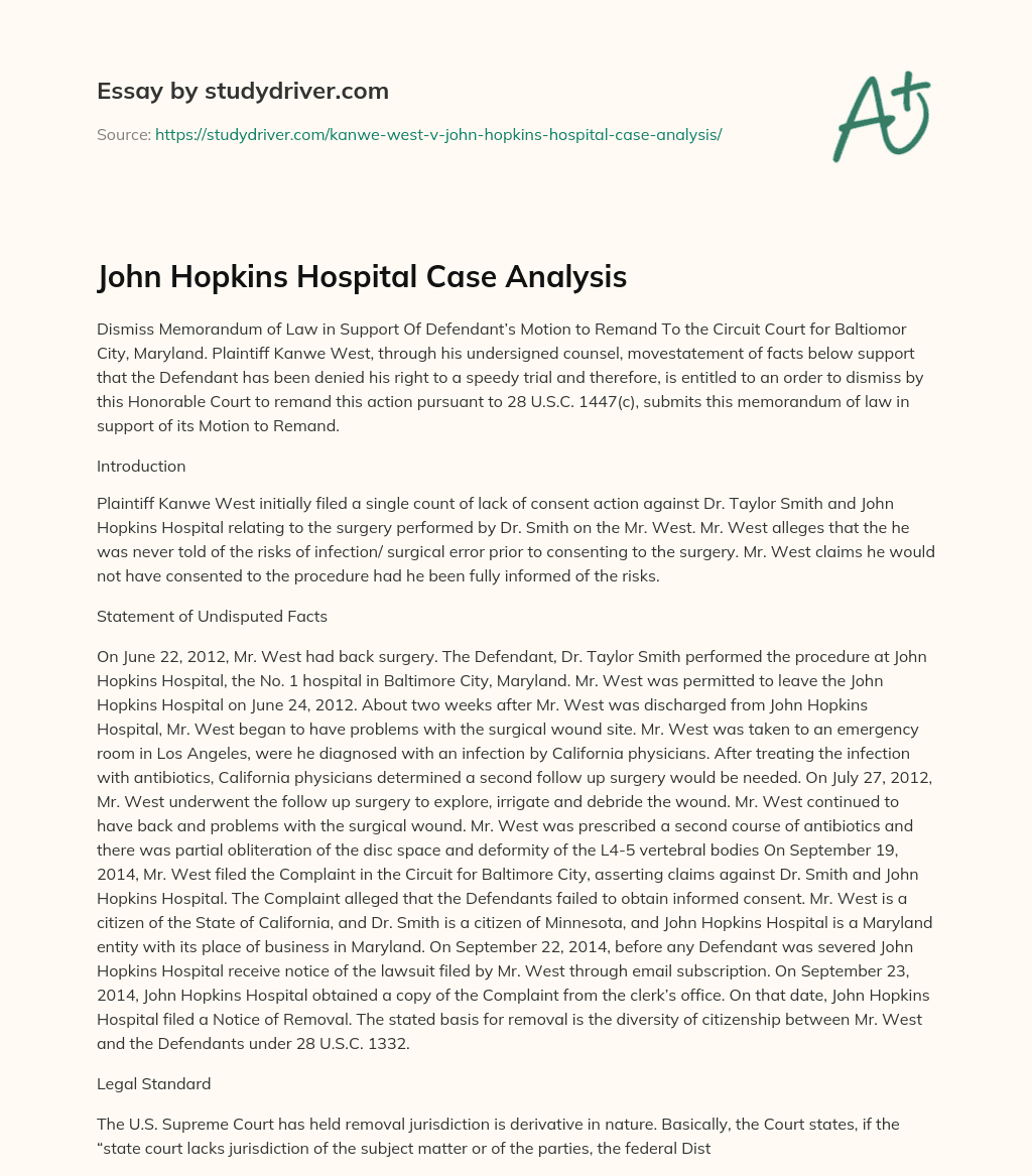 John Hopkins Hospital Case Analysis essay