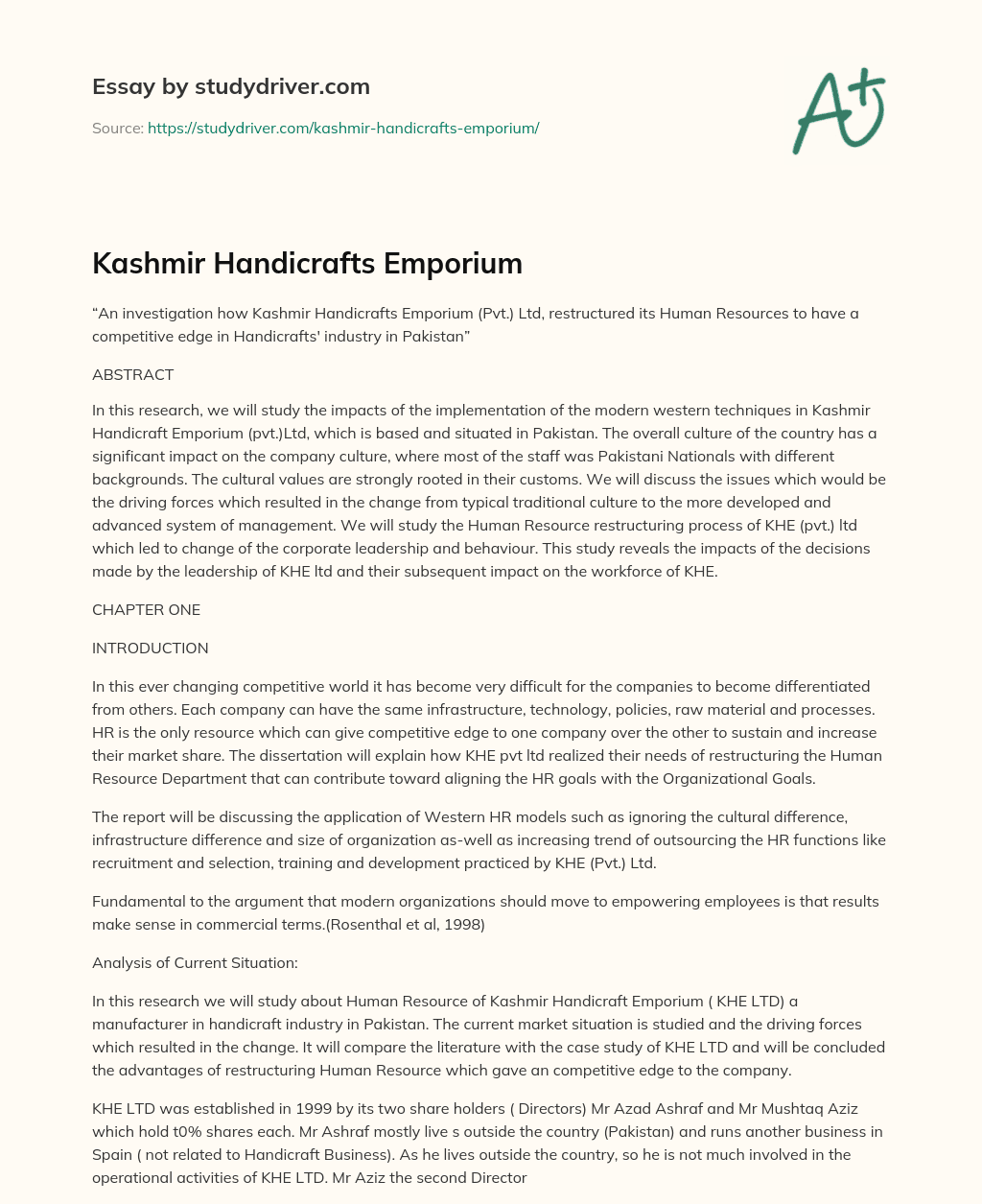 Kashmir Handicrafts Emporium essay