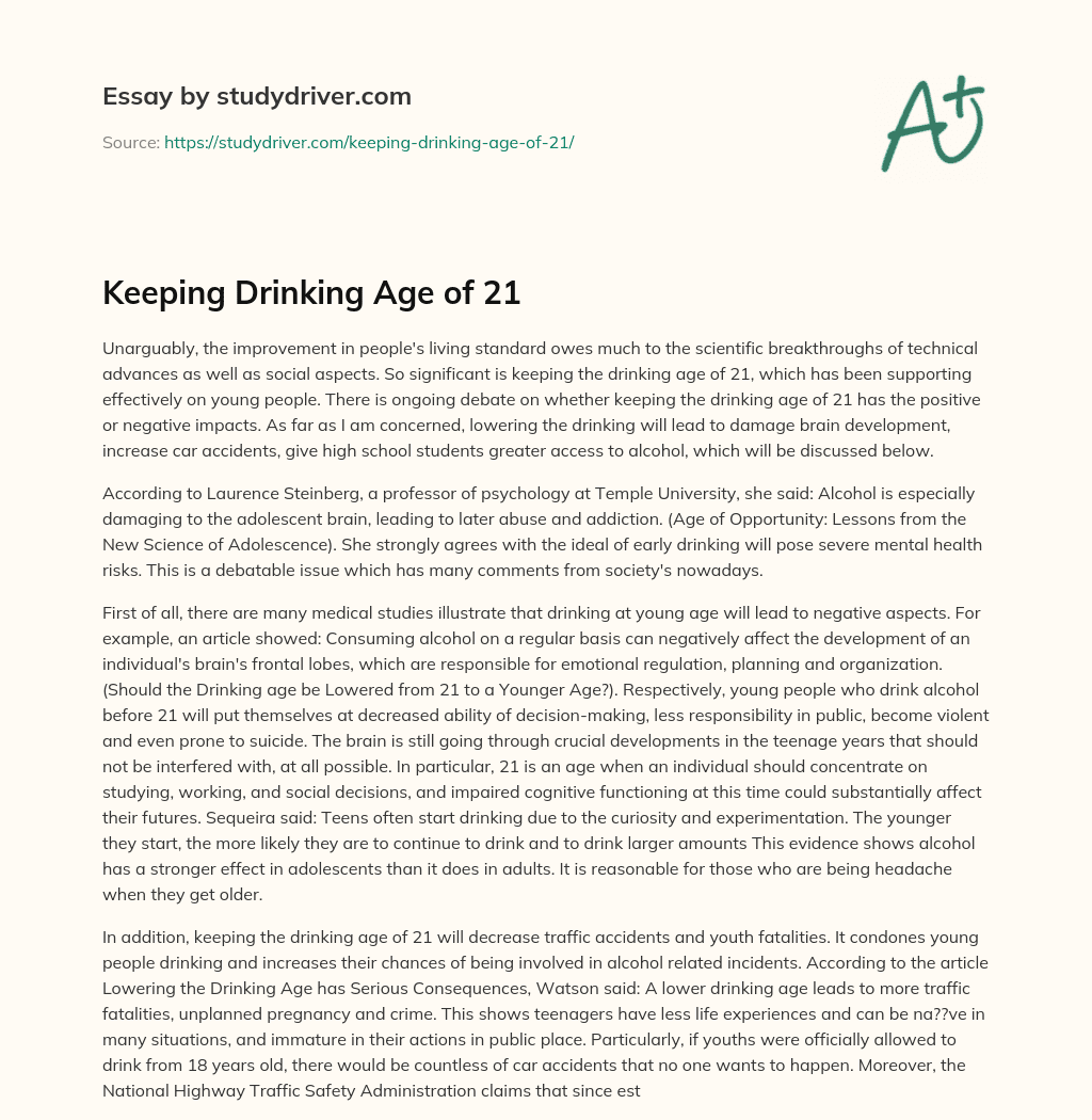 Keeping Drinking Age of 21 essay