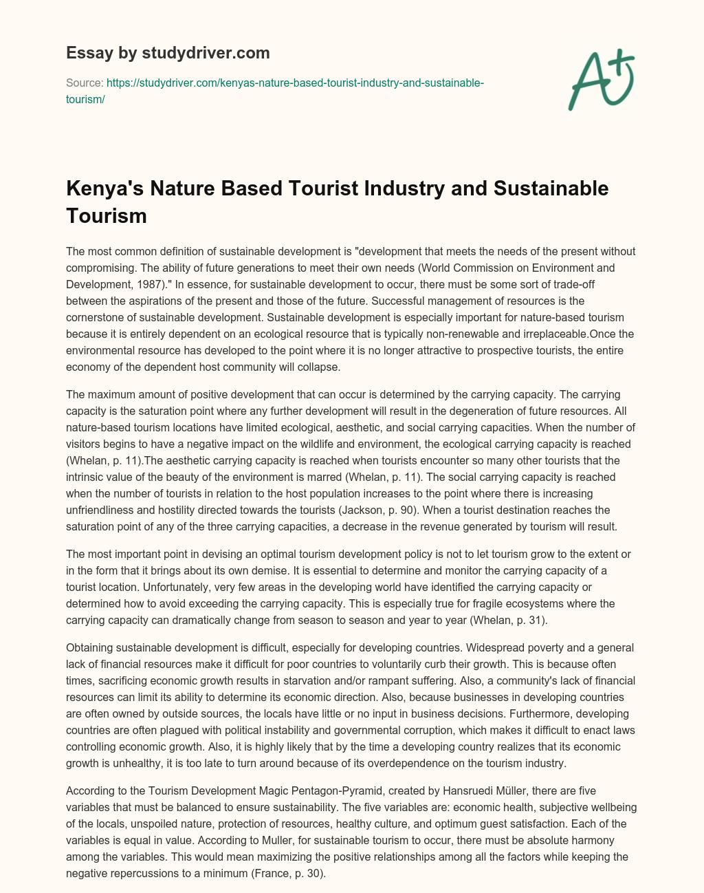 Kenya’s Nature Based Tourist Industry and Sustainable Tourism essay