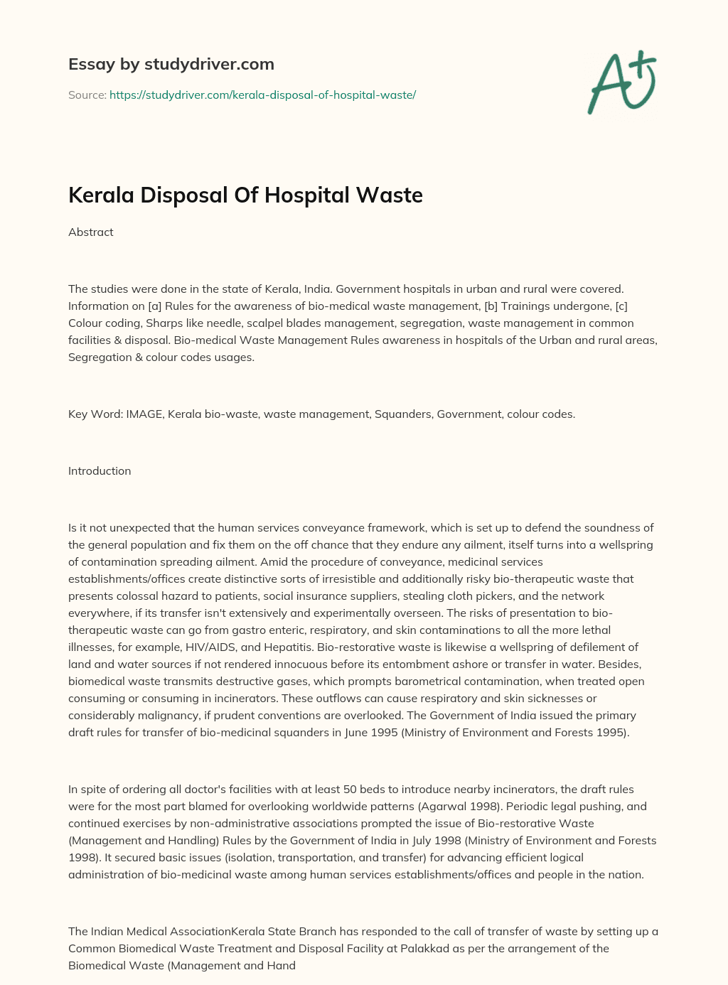 Kerala Disposal of Hospital Waste essay