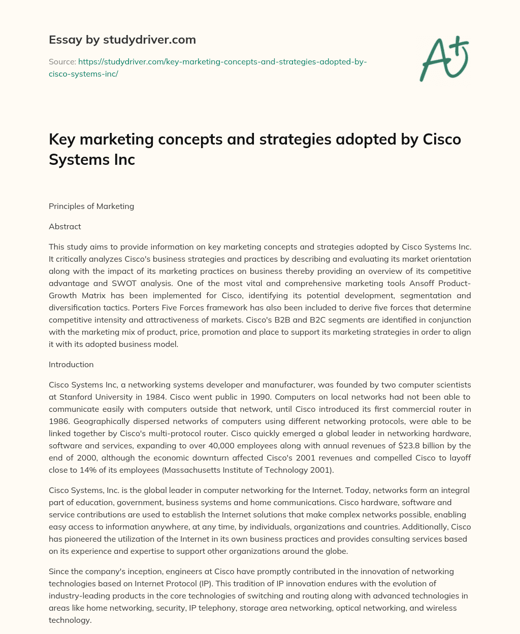 Key Marketing Concepts and Strategies Adopted by Cisco Systems Inc essay