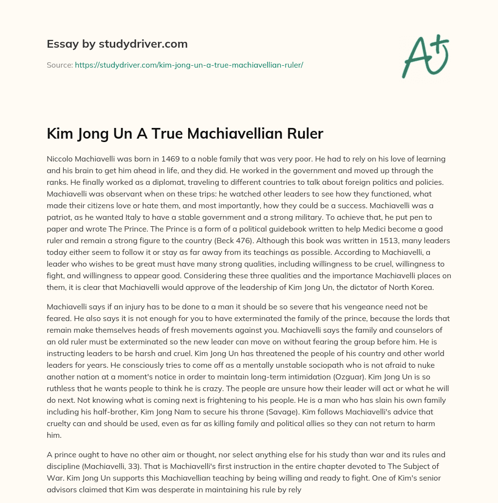 Kim Jong Un a True Machiavellian Ruler essay