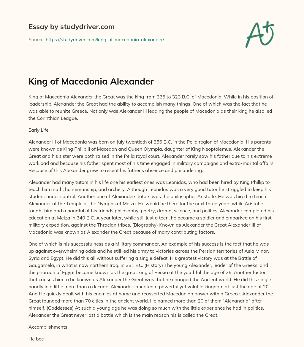 King of Macedonia Alexander essay