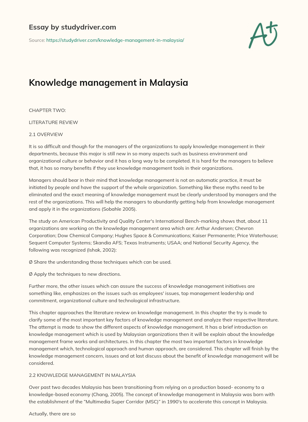 Knowledge Management in Malaysia essay