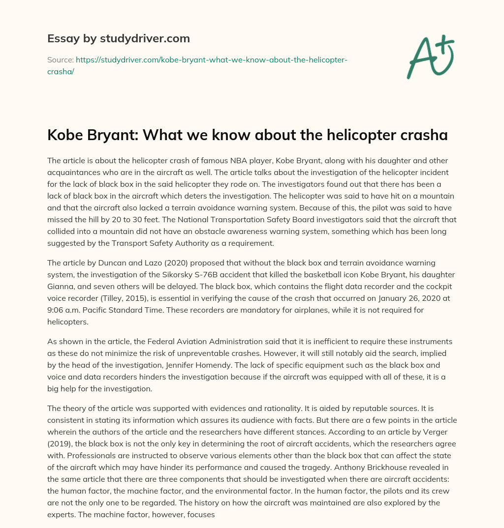 Kobe Bryant: what we Know about the Helicopter Crasha essay