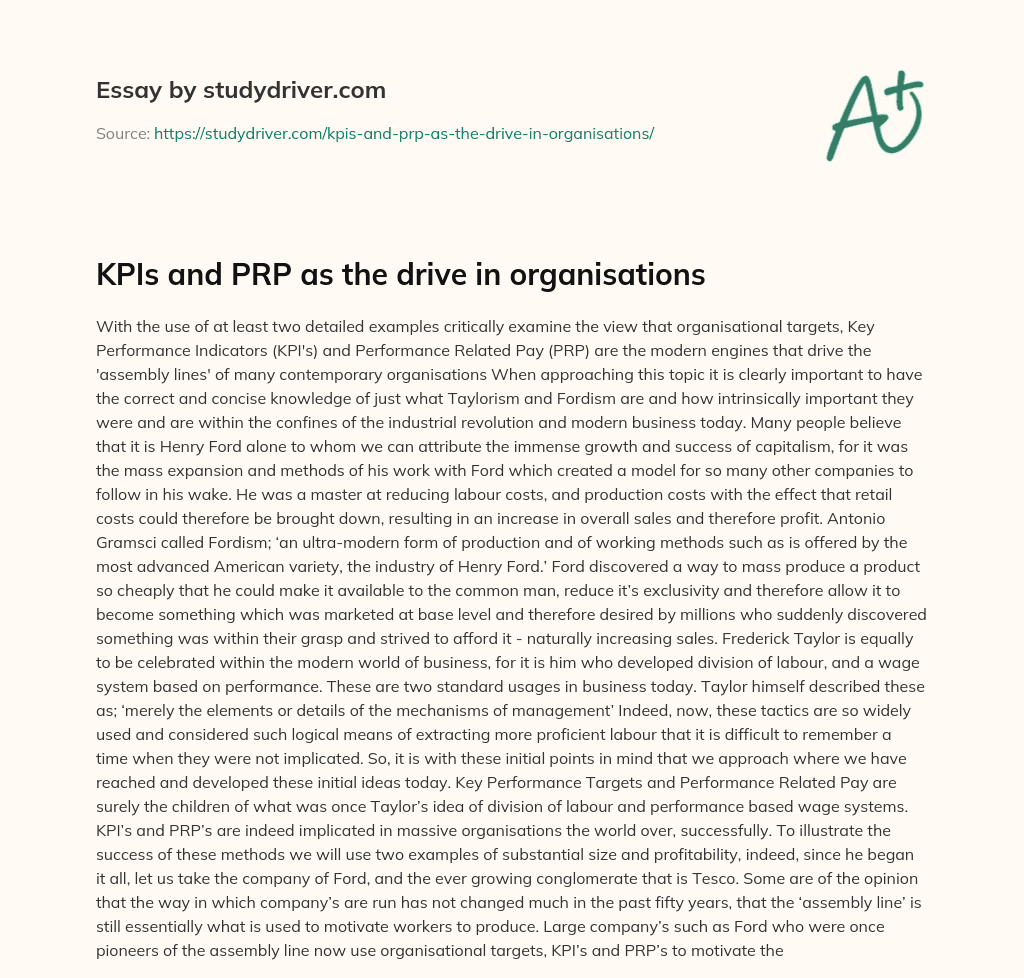 KPIs and PRP as the Drive in Organisations essay