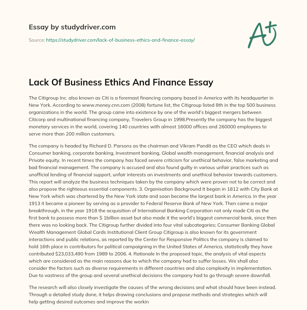 Lack of Business Ethics and Finance Essay essay