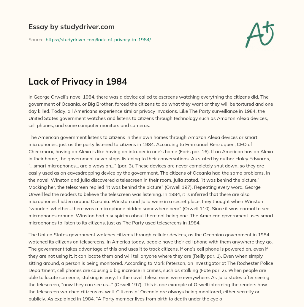 Lack of Privacy in 1984 essay