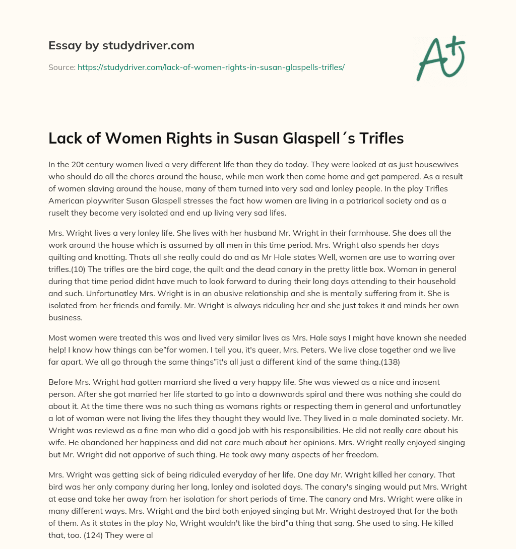 Lack of Women Rights in Susan Glaspell´s Trifles essay