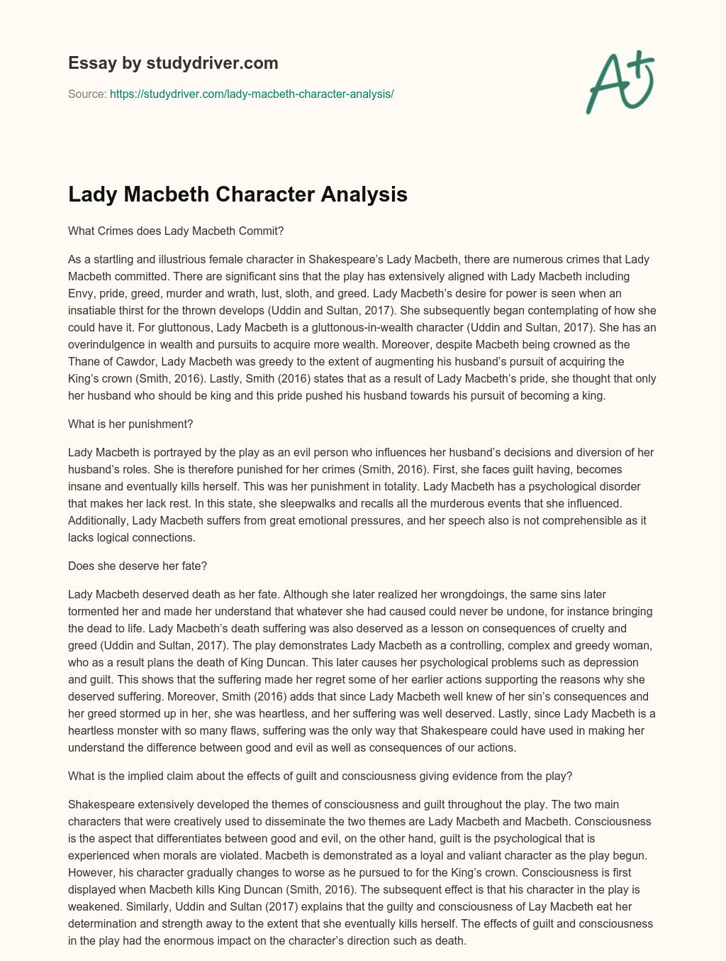 Lady Macbeth Character Analysis essay
