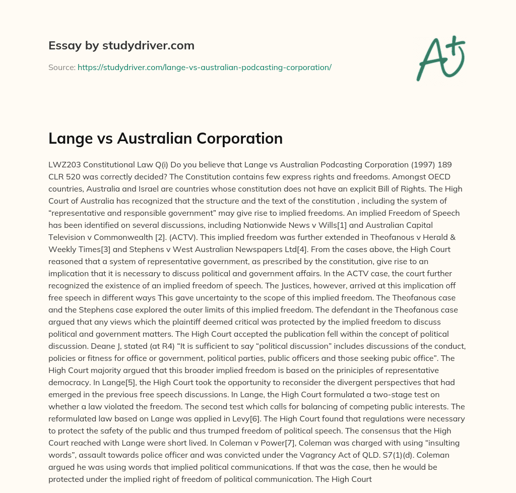 Lange Vs Australian Corporation essay