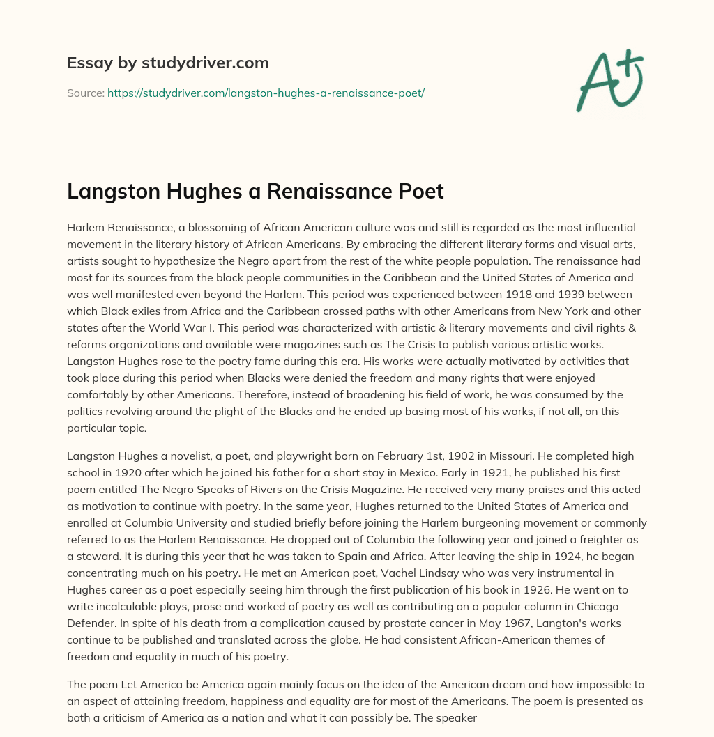 Langston Hughes a Renaissance Poet essay