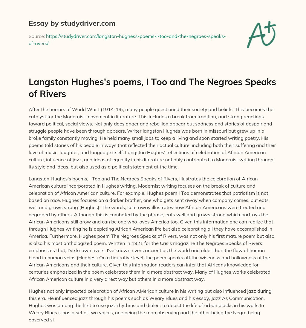 Langston Hughes’s Poems, i too and the Negroes Speaks of Rivers essay