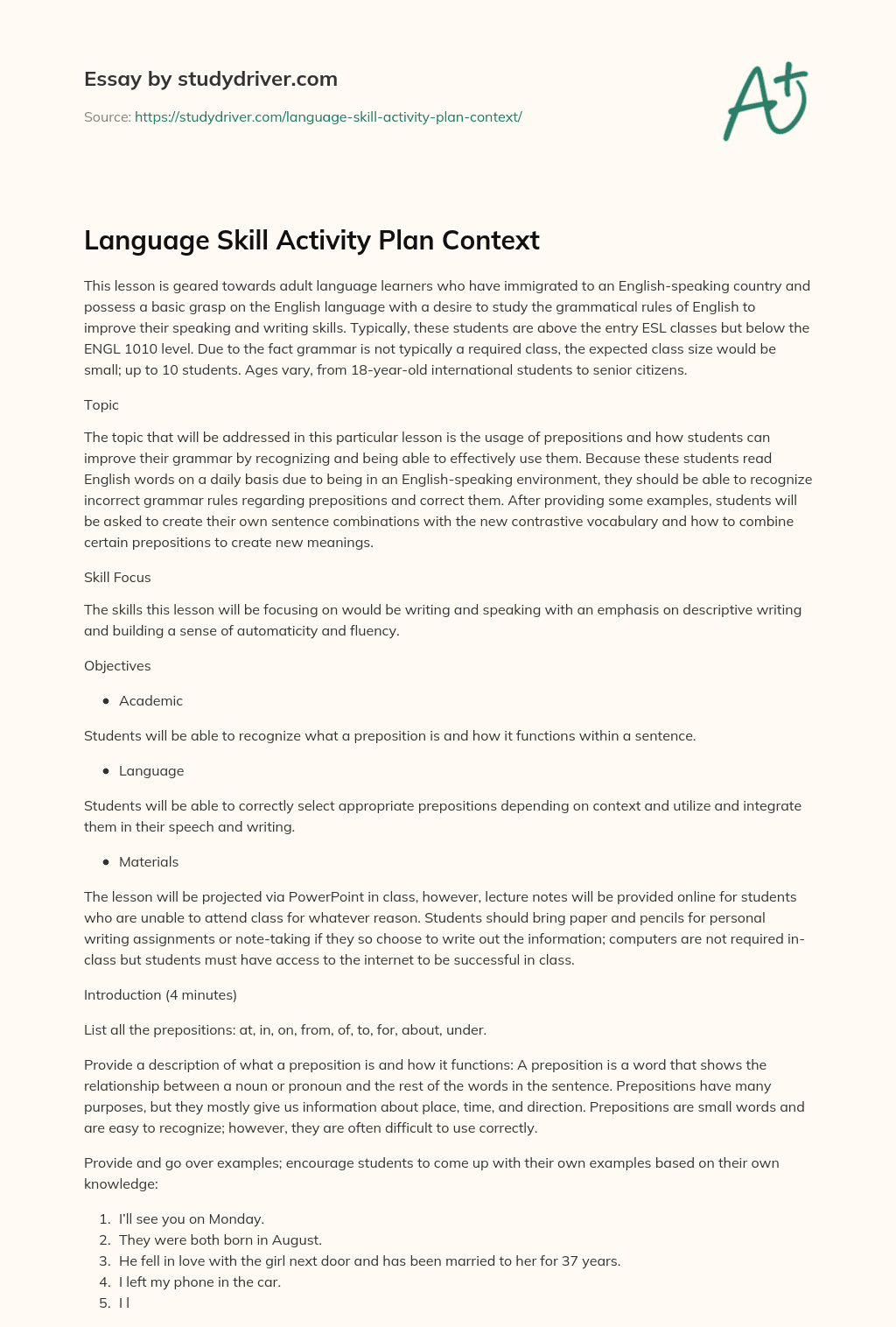 Language Skill Activity Plan Context  essay