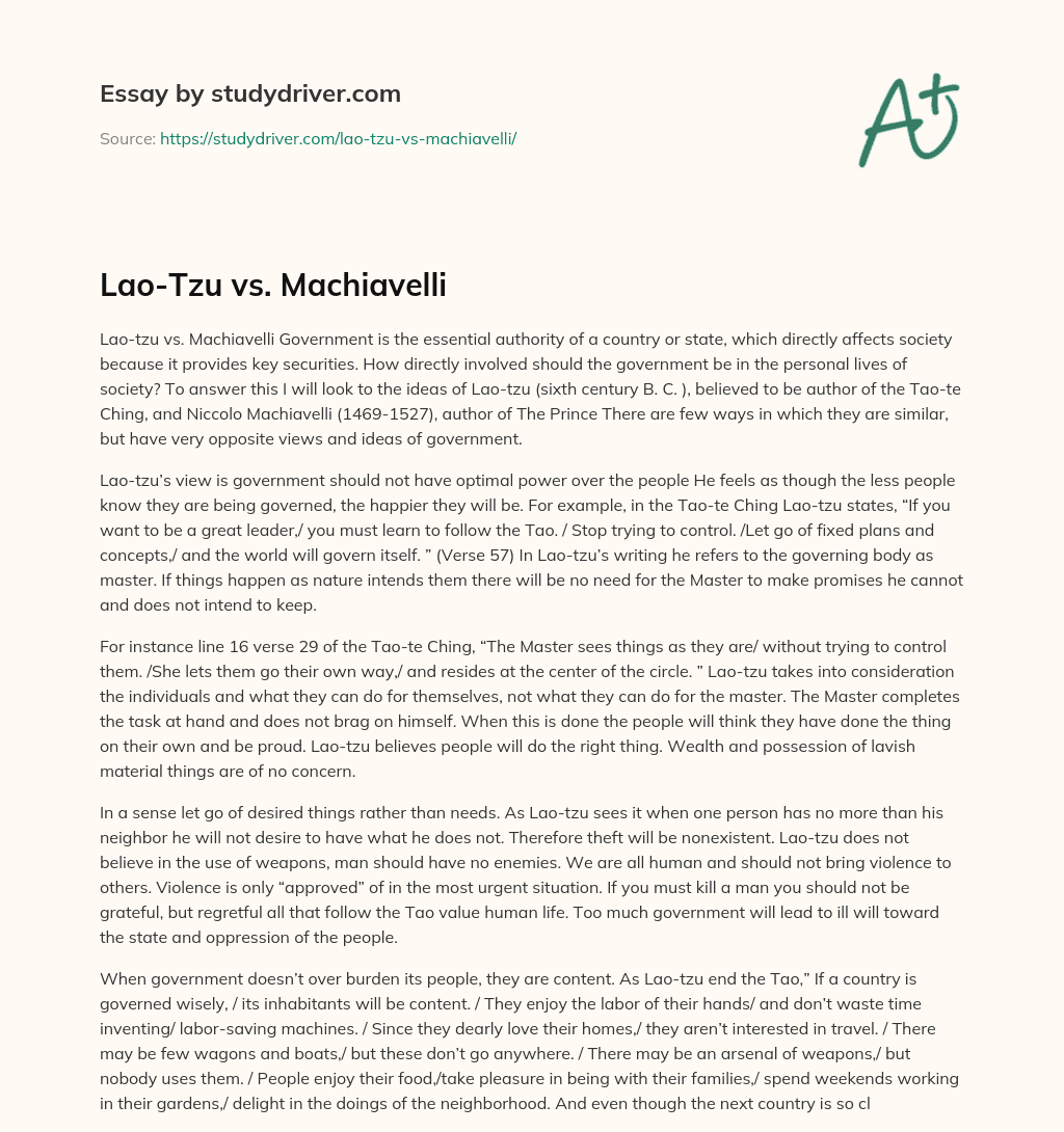 Lao-Tzu Vs. Machiavelli essay